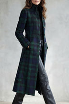 Theaine | Tartan Wool Blend Long Coat Stand Collar