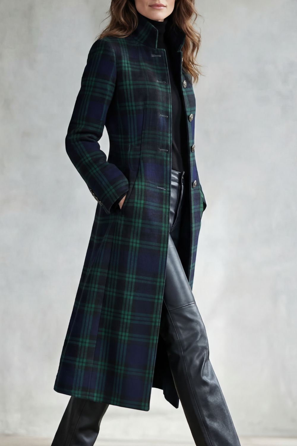 Theaine | Tartan Wool Blend Long Coat Stand Collar