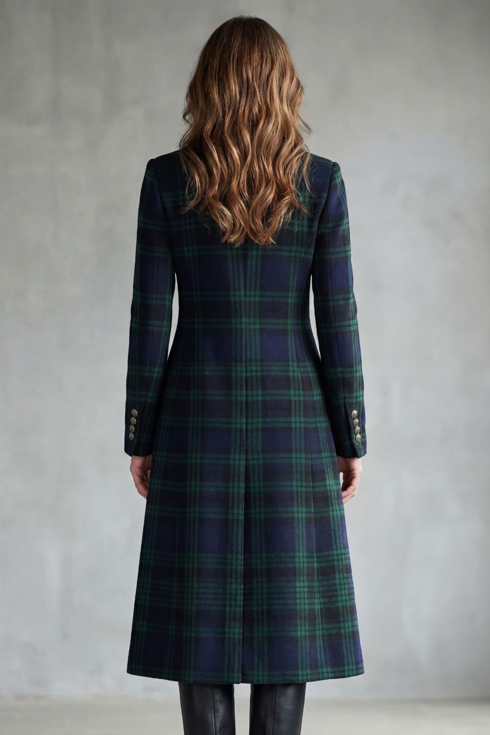 Theaine | Tartan Wool Blend Long Coat Stand Collar