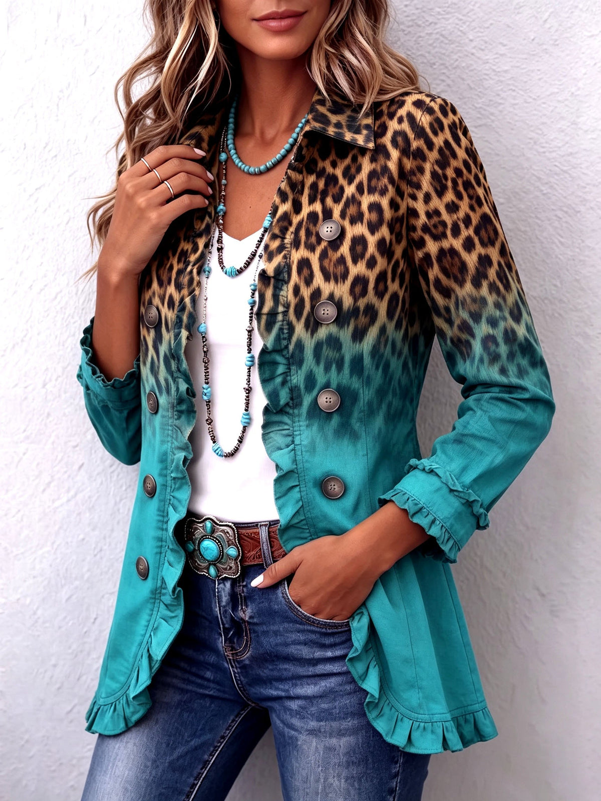 Verine | Leopard Ombre Ruffle Hem Blazer Jacket