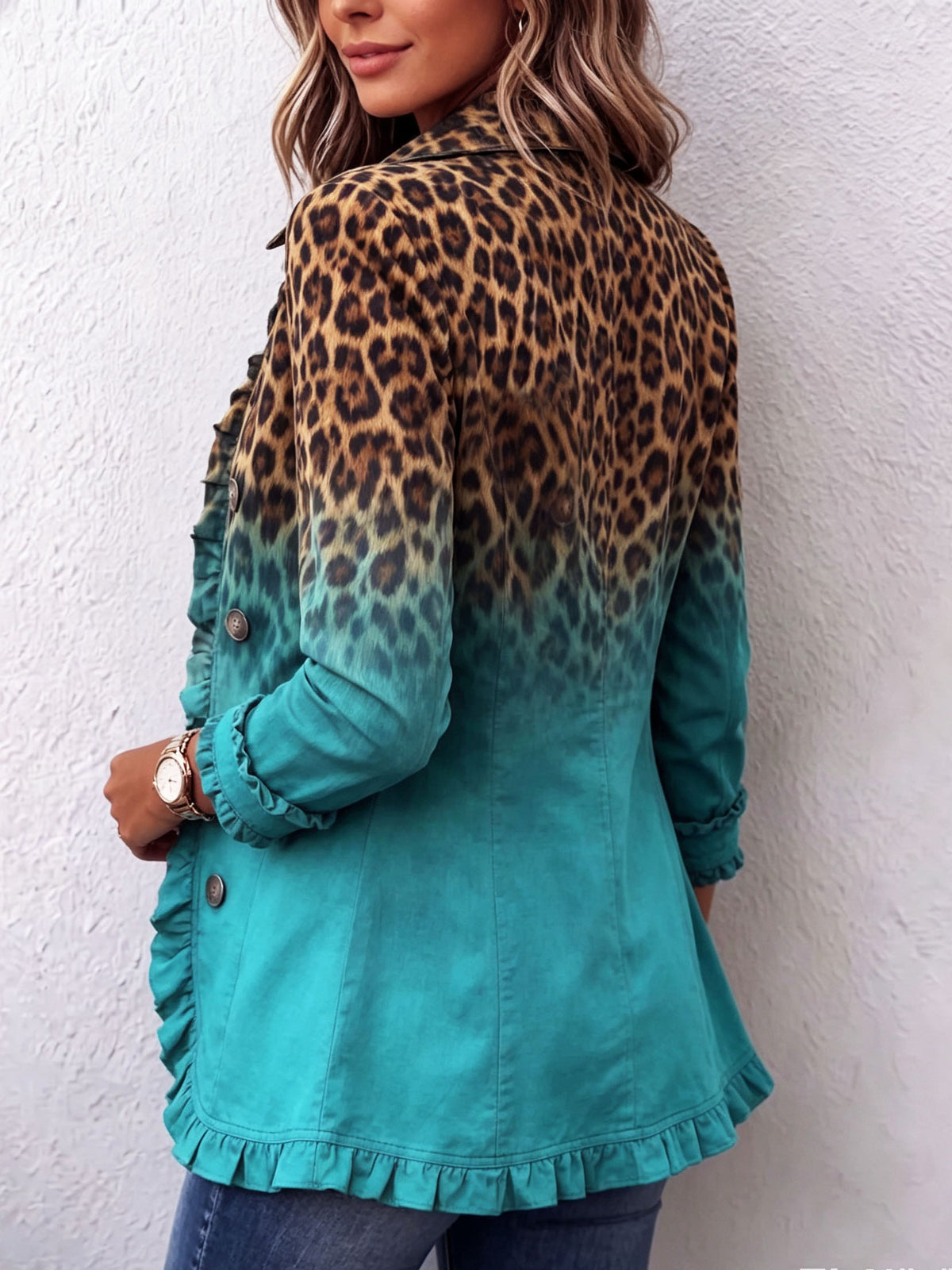 Verine | Leopard Ombre Ruffle Hem Blazer Jacket