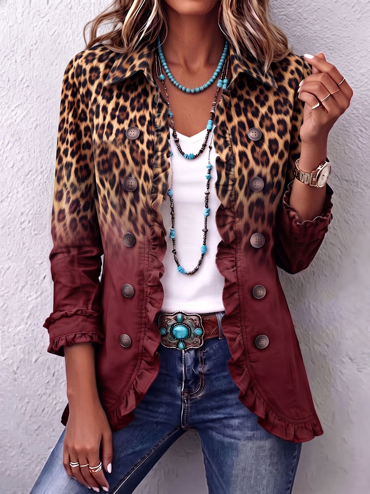 Verine | Leopard Ombre Ruffle Hem Blazer Jacket