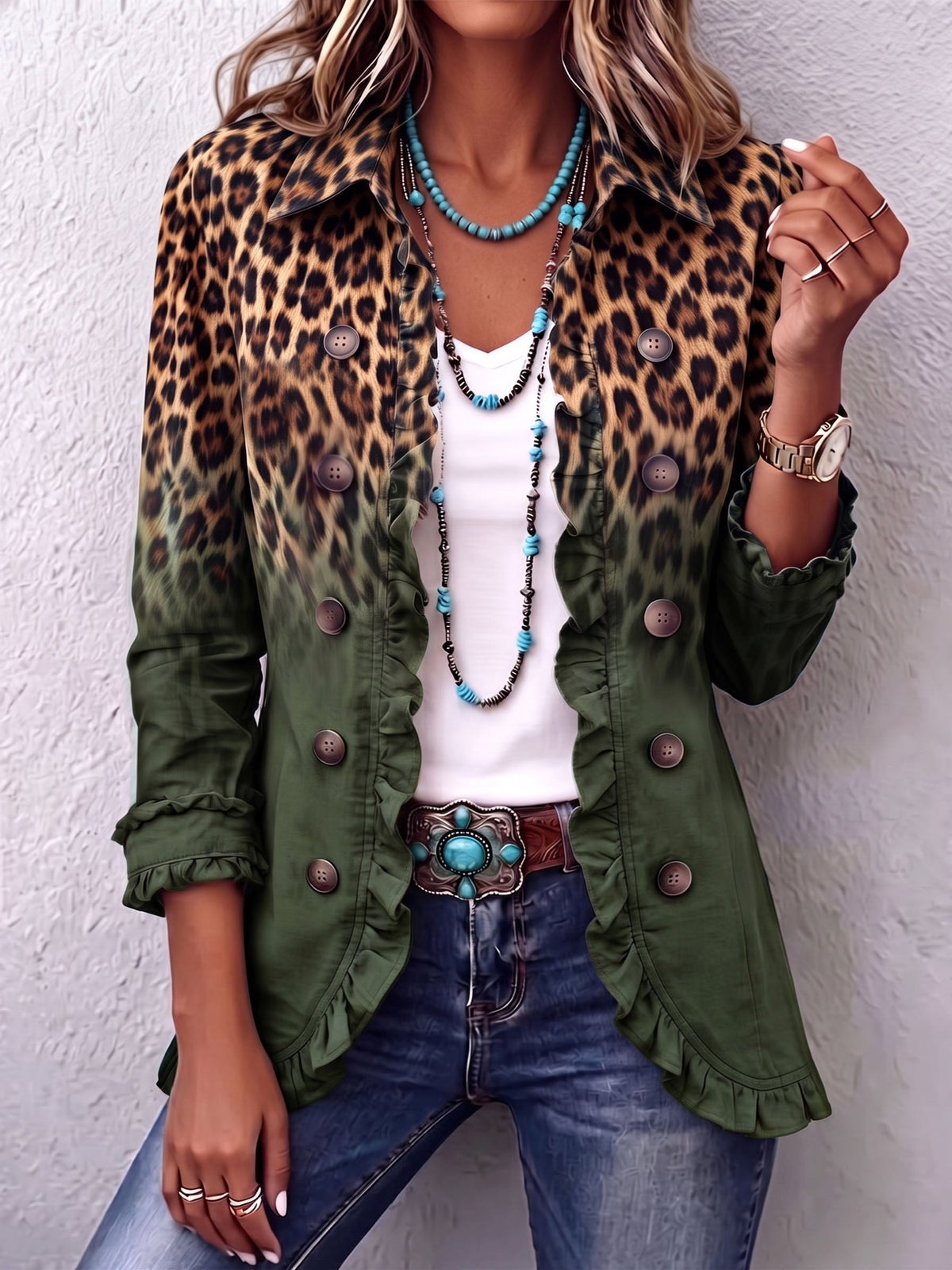 Verine | Leopard Ombre Ruffle Hem Blazer Jacket