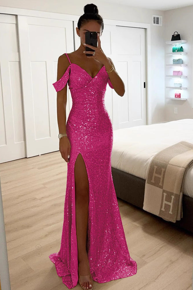 Verisse | Sequin Off Shoulder Maxi Dress with High Slit