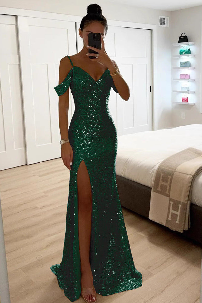Verisse | Sequin Off Shoulder Maxi Dress with High Slit
