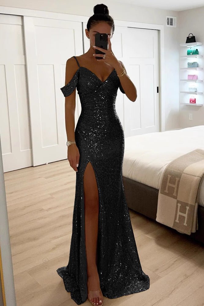Verisse | Sequin Off Shoulder Maxi Dress with High Slit