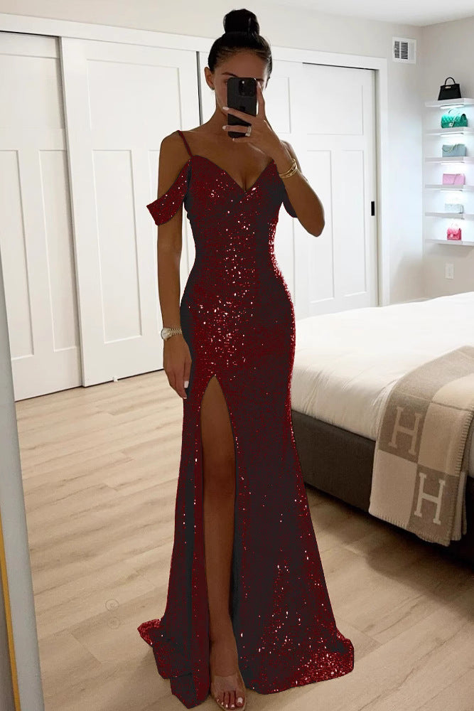 Verisse | Sequin Off Shoulder Maxi Dress with High Slit