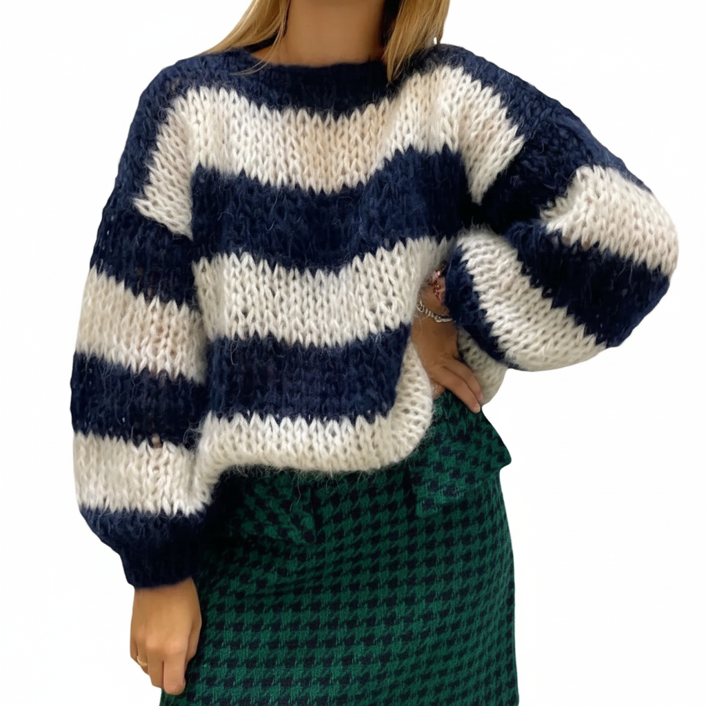 Verora | Wide Stripe Chunky Knit Balloon Sleeve Sweater