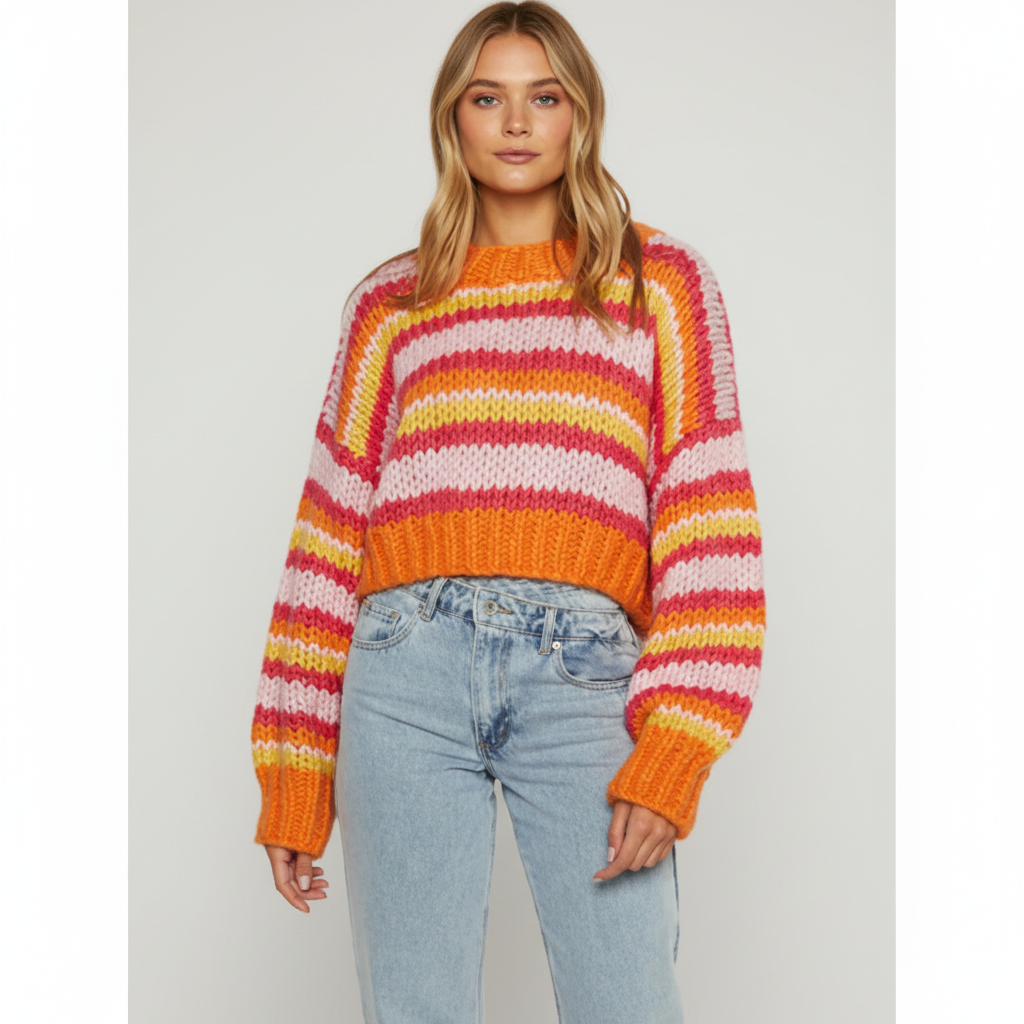 Verora | Wide Stripe Chunky Knit Balloon Sleeve Sweater