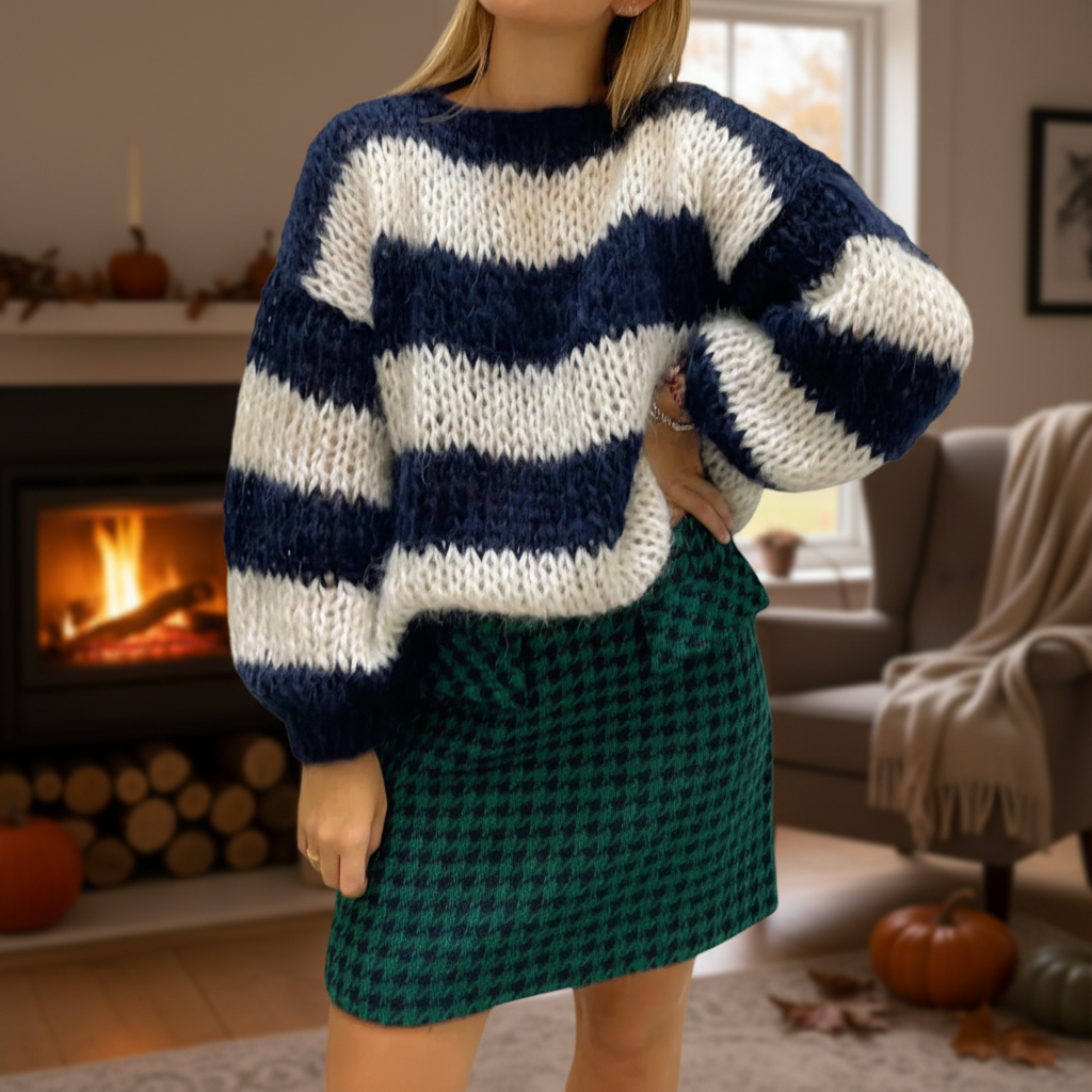 Verora | Wide Stripe Chunky Knit Balloon Sleeve Sweater