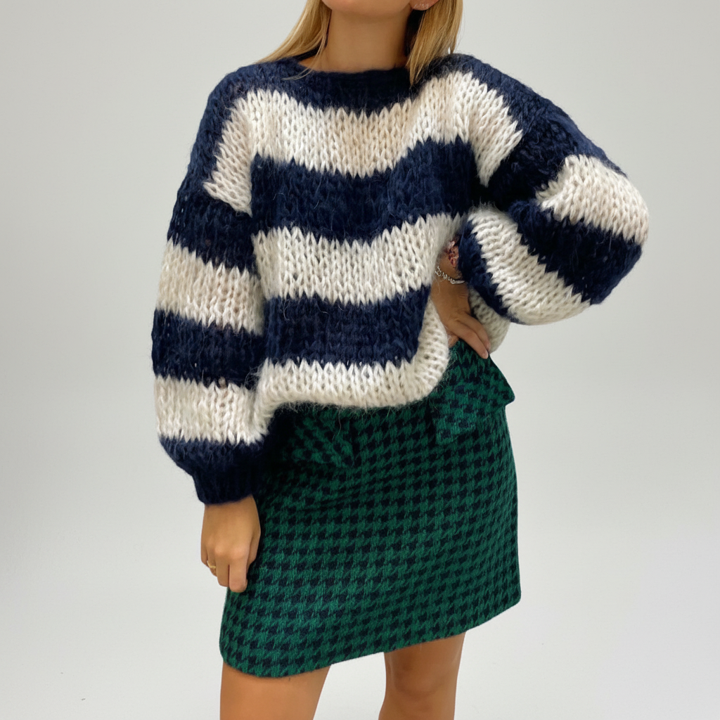 Verora | Wide Stripe Chunky Knit Balloon Sleeve Sweater
