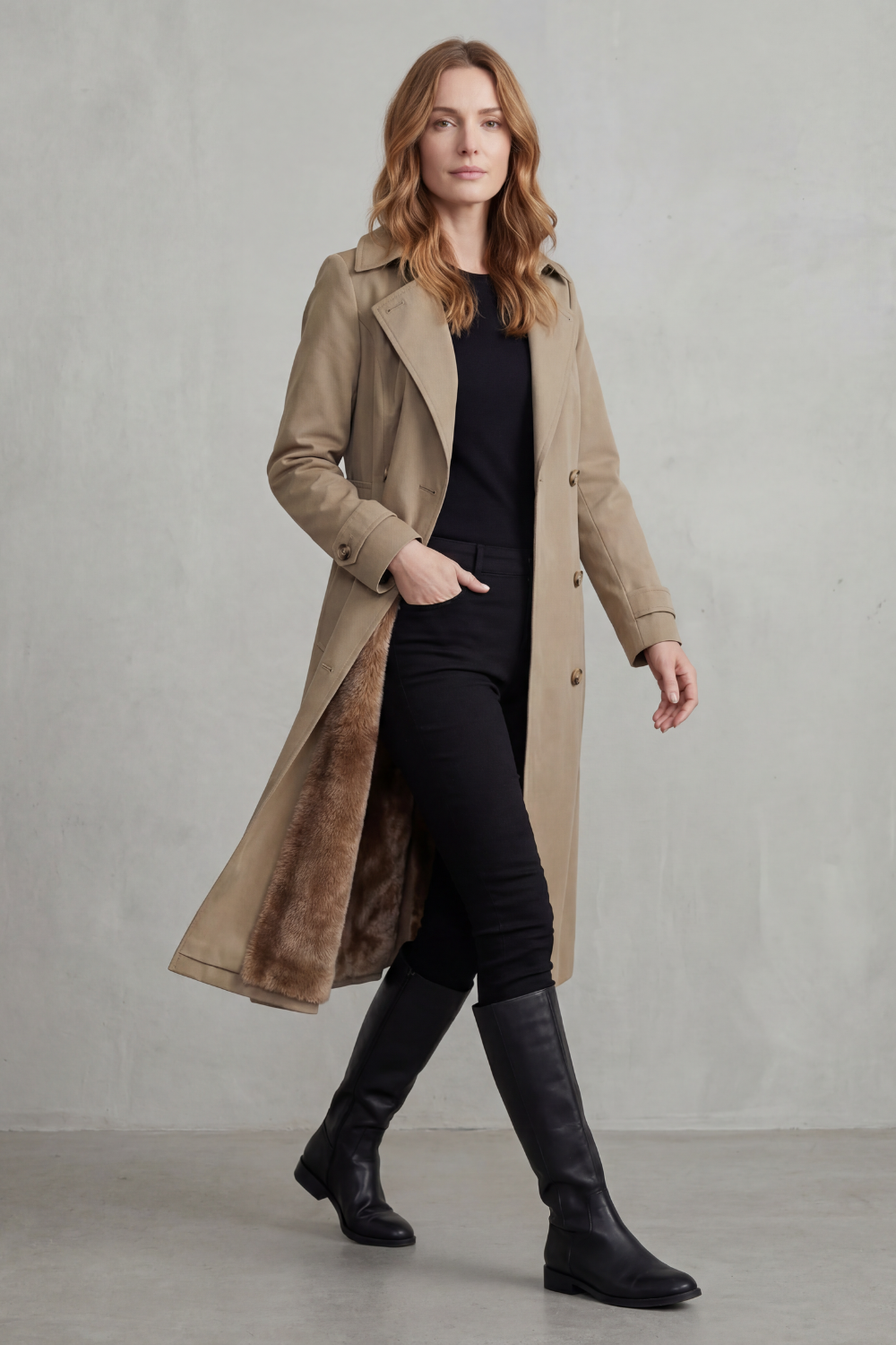 Vioanne | Faux Fur Lined Double-Breasted Trench Coat