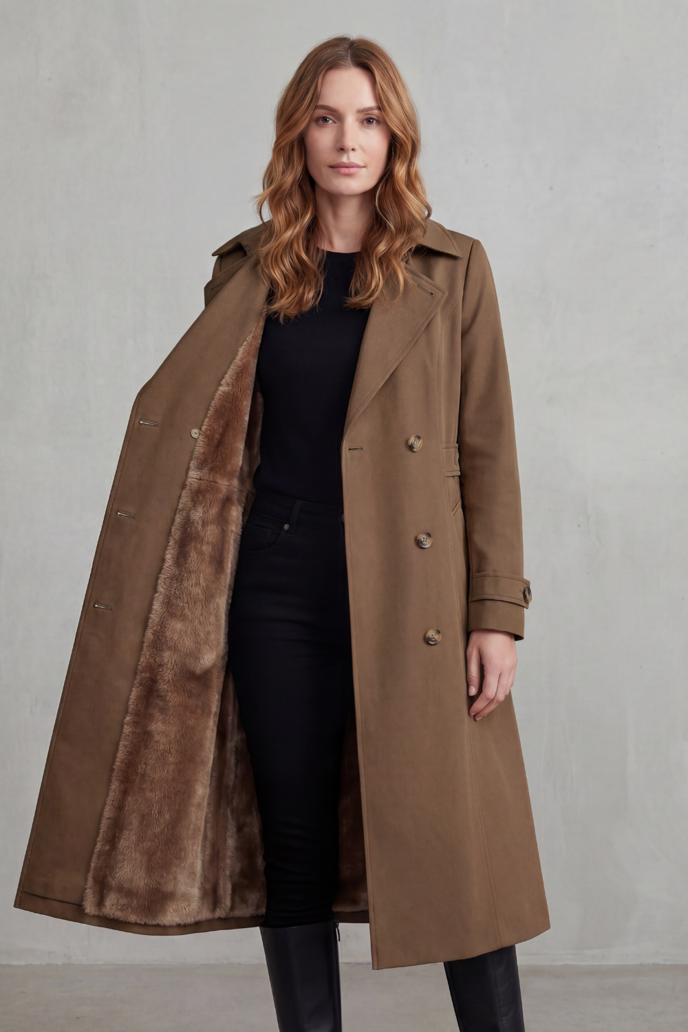 Vioanne | Faux Fur Lined Double-Breasted Trench Coat
