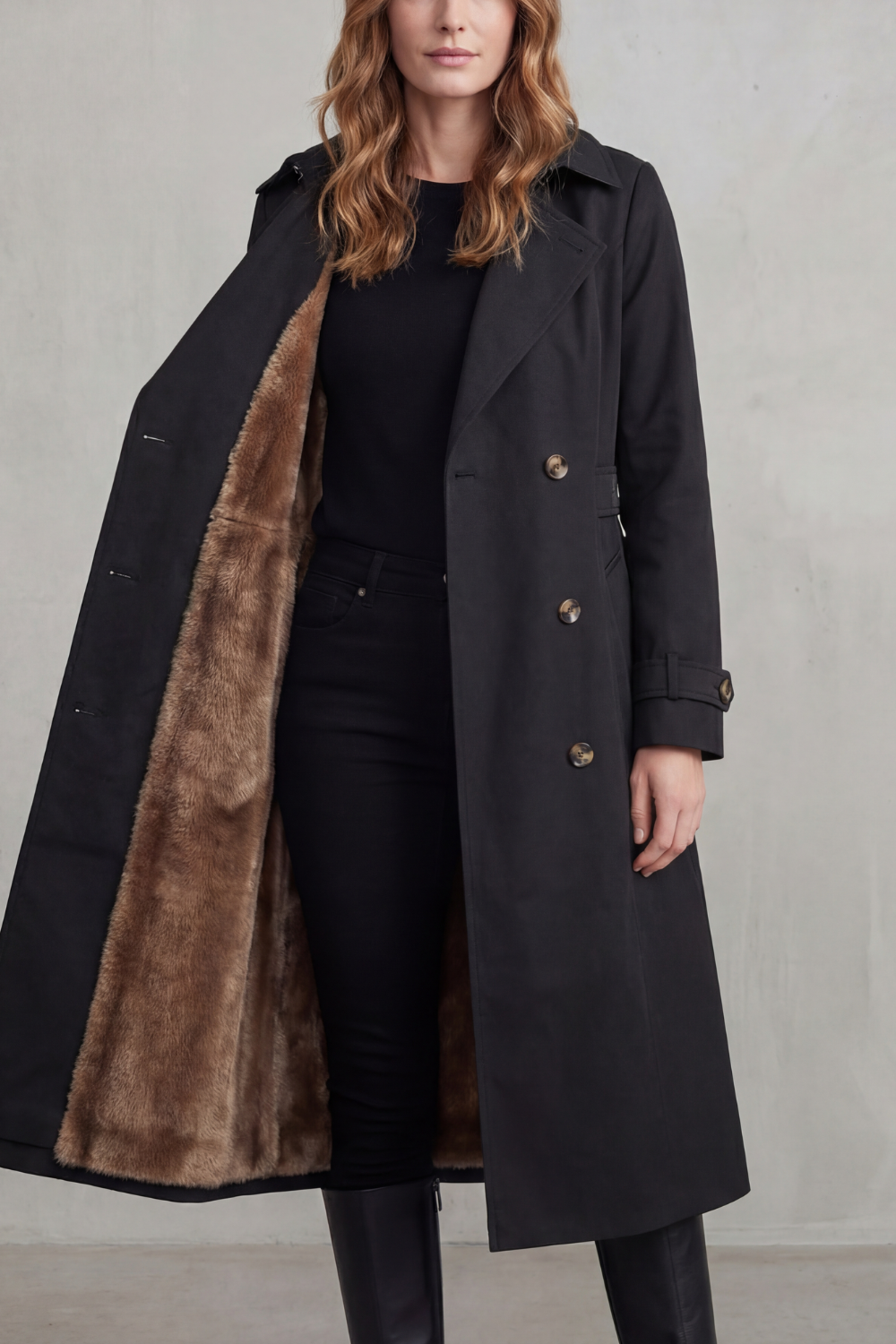 Vioanne | Faux Fur Lined Double-Breasted Trench Coat