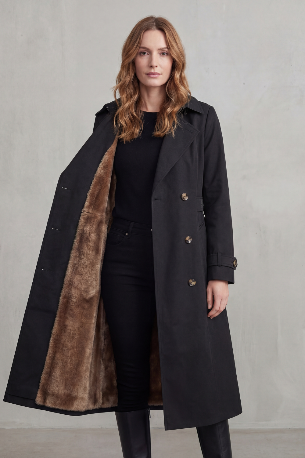 Vioanne | Faux Fur Lined Double-Breasted Trench Coat